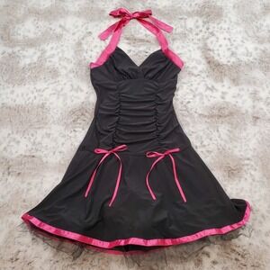 Vtg 90s Y2K Taboo Black Hot Pink Tulle Layered Goth Punk Halter Dress Ruched - M
